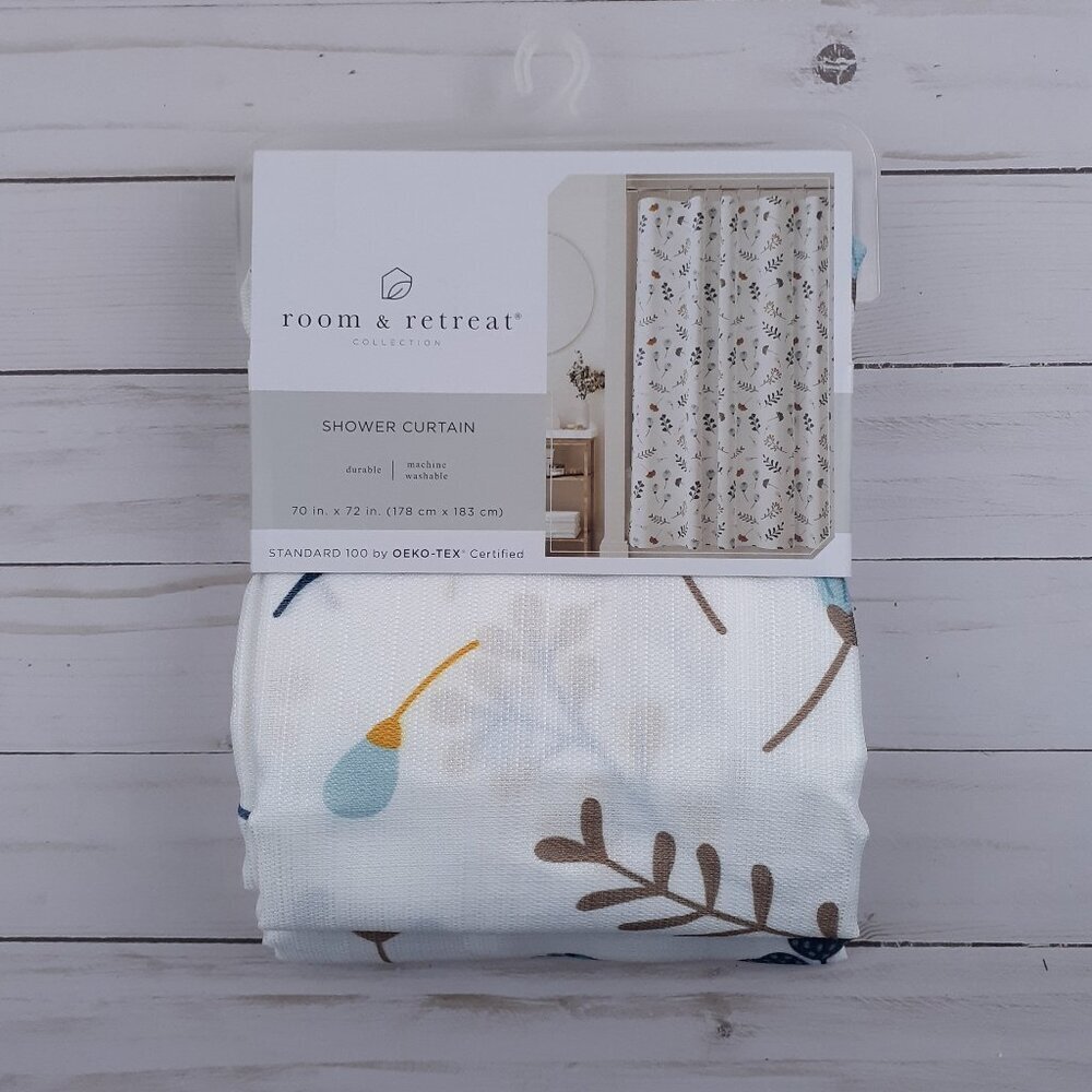 Room & Retreat Fabric Shower Curtain Tossed Botanical Floral Flowers